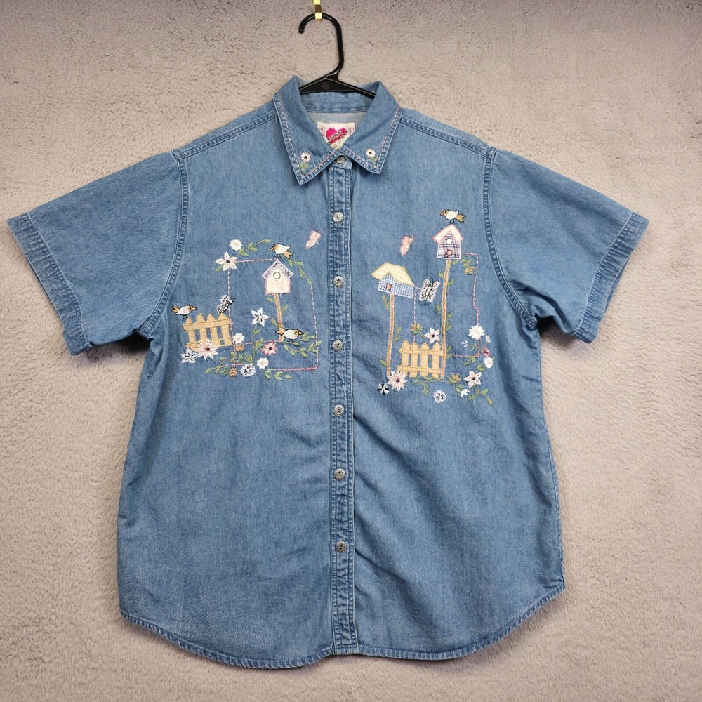 Keren Hart Top Womens L Blue Birdhouse Floral‎ Embroidered Denim Chambray Blouse